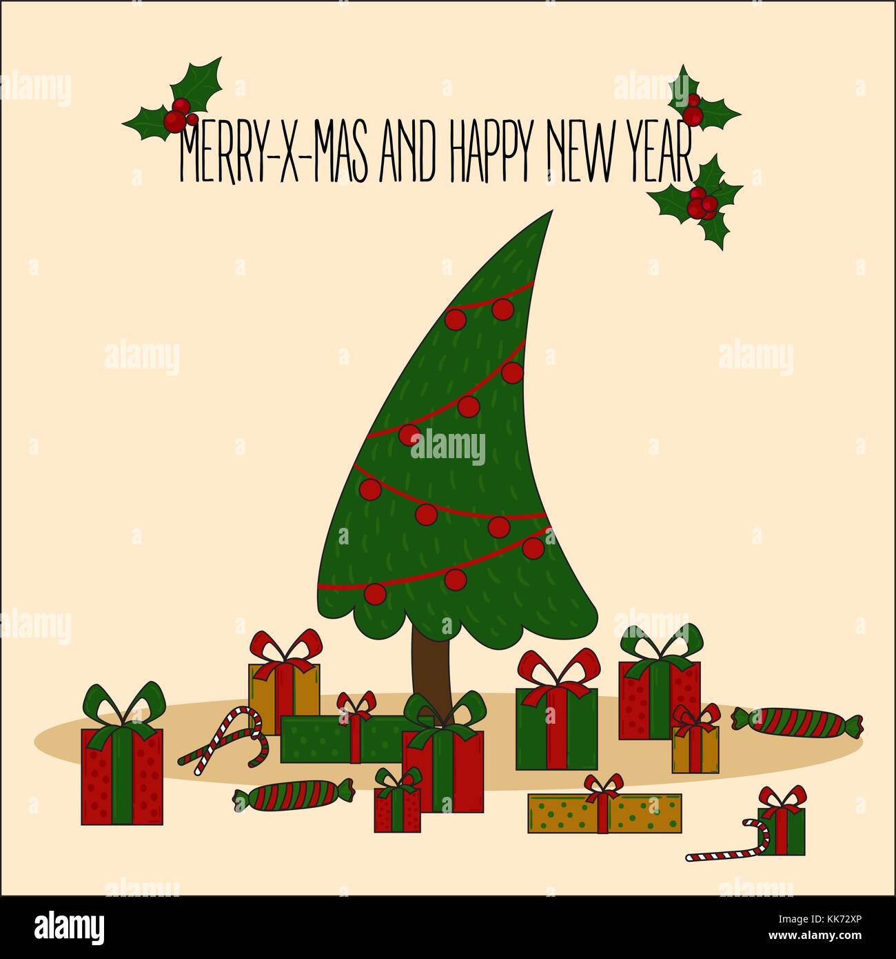 Weihnachtsbaum dekoriert Vector Illustration. Deko Kugeln und Glühlampe Kette, Geschenkboxen in farbenfrohen cartoon Flat Style. frohe Weihnachten und einen Stock Vektor