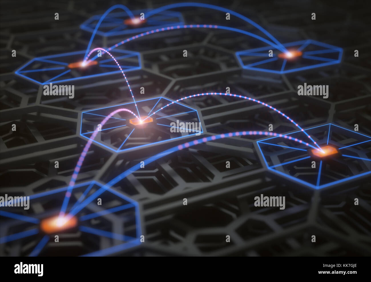 3D-Darstellung. Konzeptionelle Bild eines komplexen und abstrakten technologische Struktur mit Verbindungen und Daten übertragen. Stockfoto