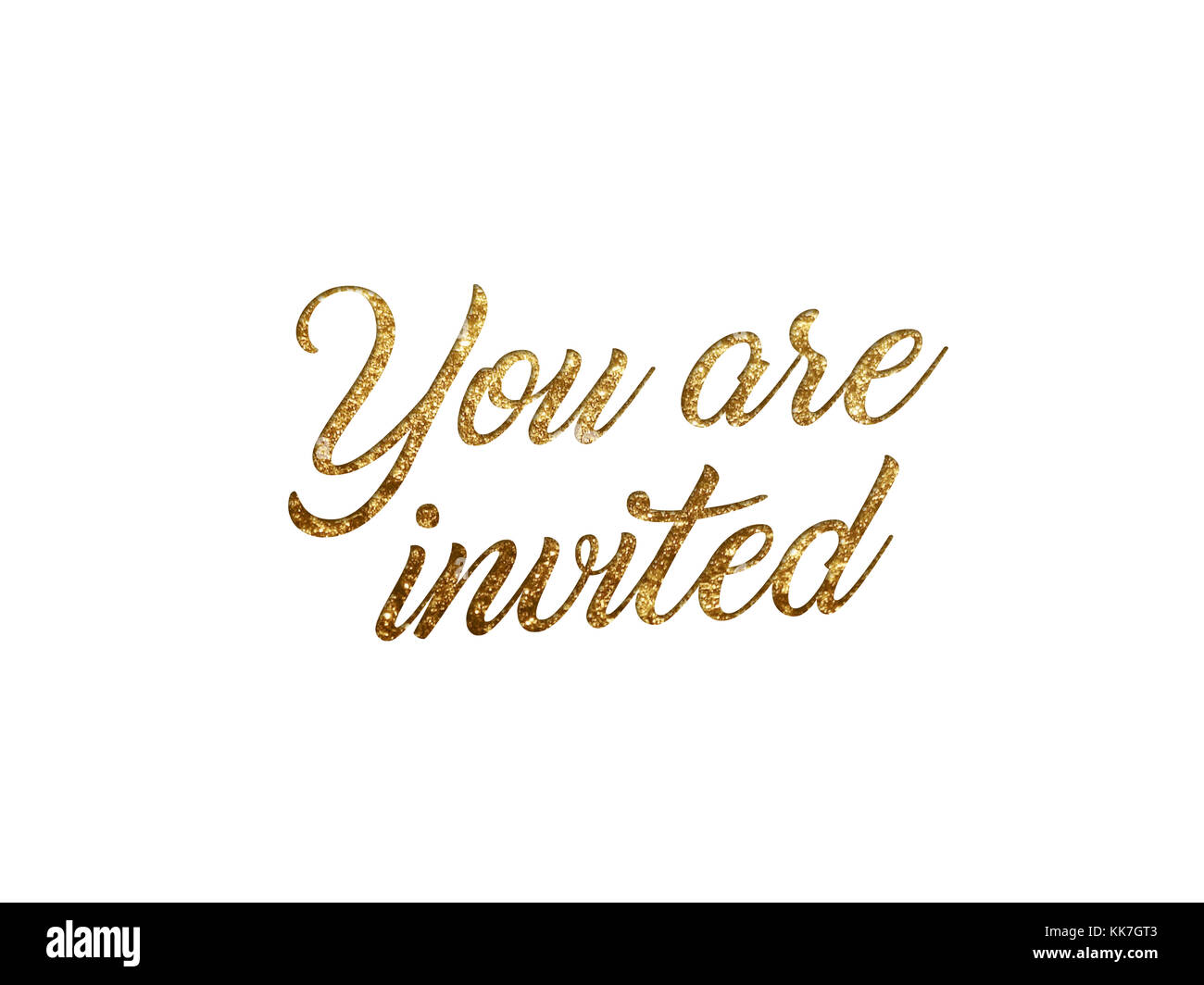 Die goldene Glitzer isolierte Hand schreibt Wort, das DU auf weißem Hintergrund EINGELADEN WIRST Stockfoto