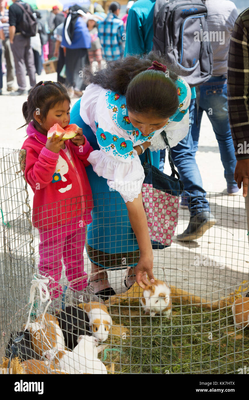 Otavalo Tiermarkt - eine Mutter und Kind ein Meerschweinchen, Otavalo Tiermarkt, Otavalo, Ecuador Südamerika Stockfoto
