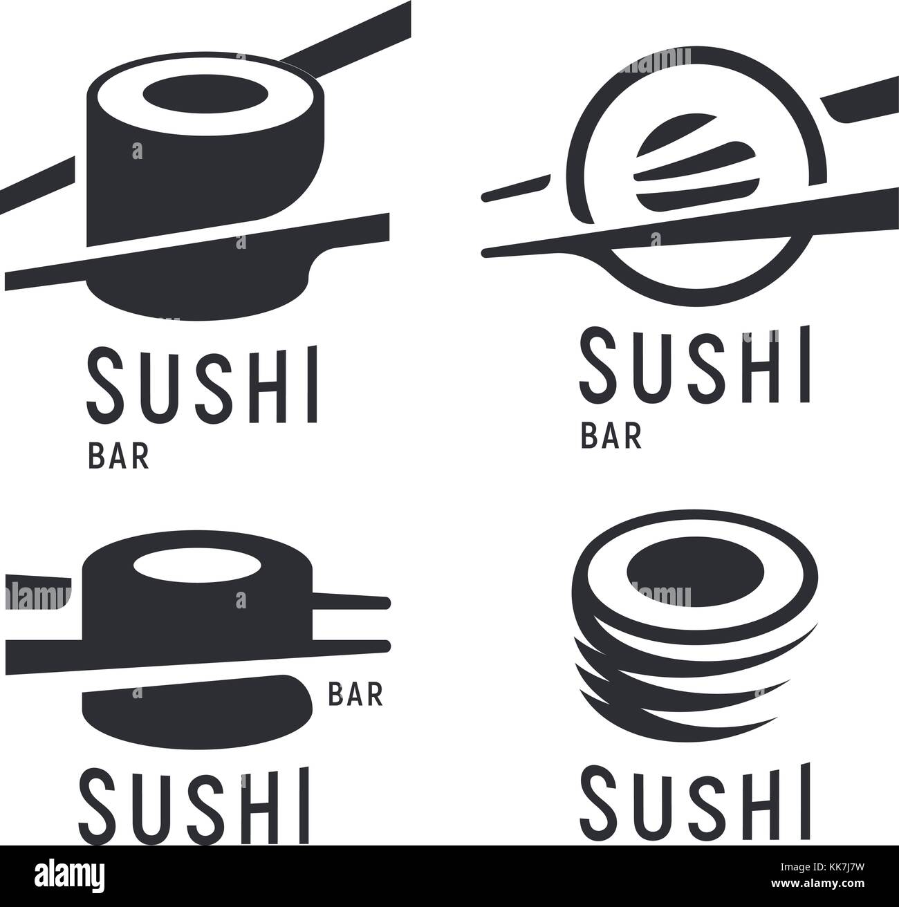Sushi mit Stäbchen auf weißem Hintergrund, schwarz Vektor logo Vorlage. monochrom japanische Küche Symbole gesetzt. Stock Vektor