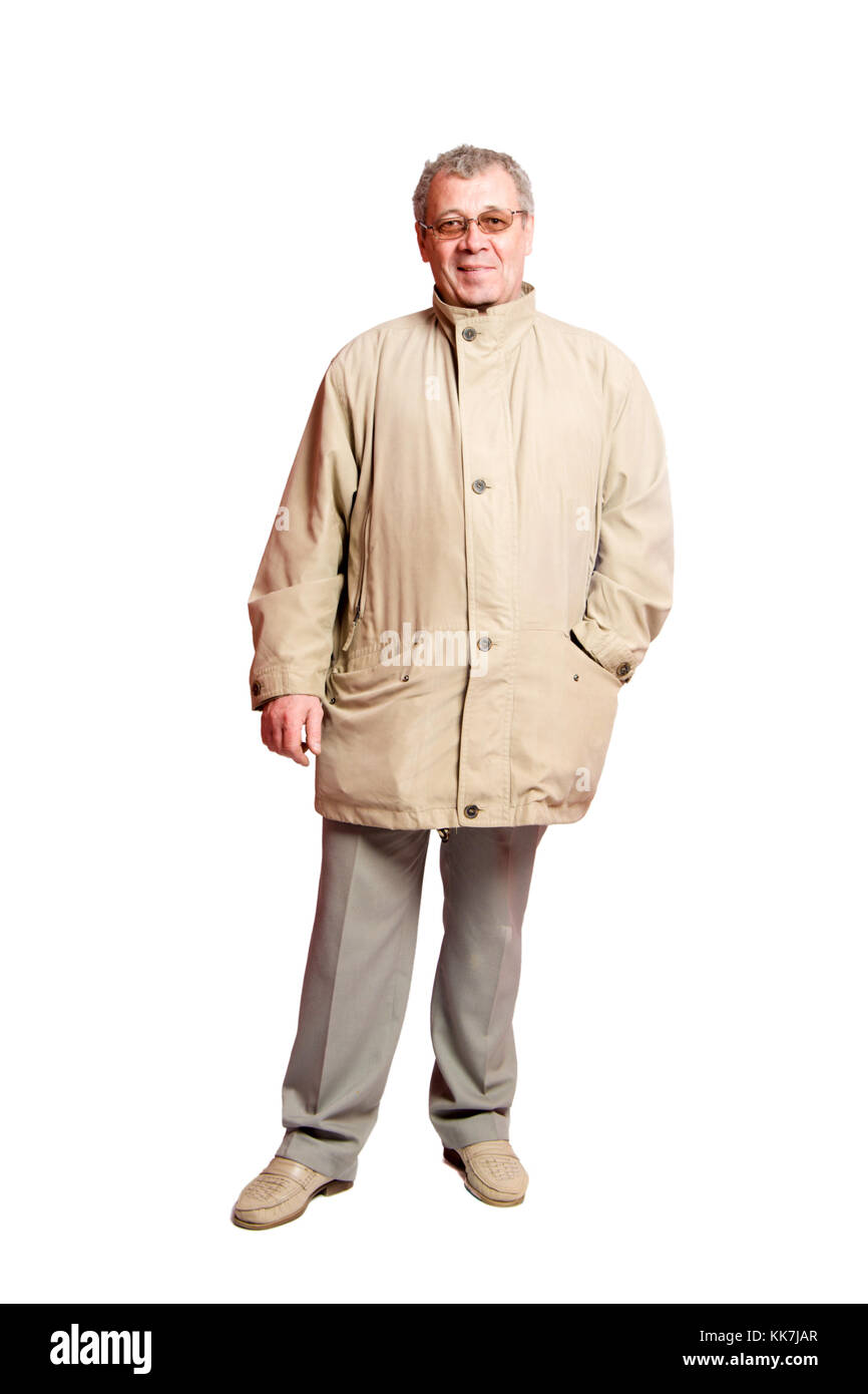 Im mittleren Alter lächelnden Mann mit Brille isoliert auf weißem Stockfoto