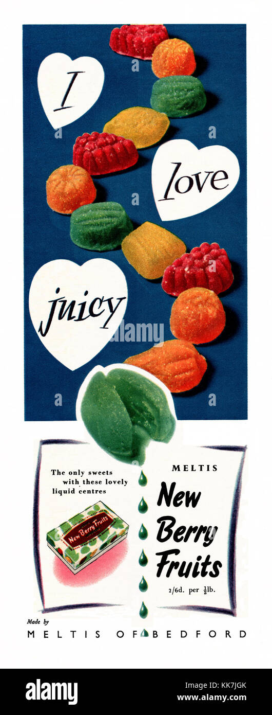 Eine Anzeige für Meltis neue Beerenfrüchte - es in einer Zeitschrift in Großbritannien im Jahre 1957 veröffentlicht. Es verfügt über den (mittlerweile) Herzform Graphic Device und die Wörter/Slogan 'Ich liebe ...'. Eine der ältesten Welten Fruchtgelees, Meltis neue Beerenfrüchten um seit über 100 Jahren haben Stockfoto