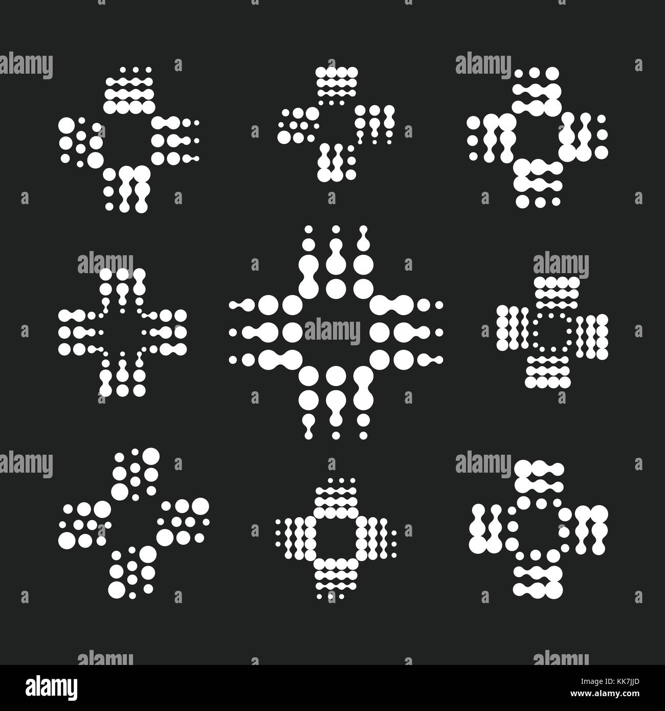 Abstrakte medizinische Symbol, Sammlung von weiße Kreuze aus Kreisen auf einem schwarzen Hintergrund. Apotheke logo Vorlagen. Stock Vektor