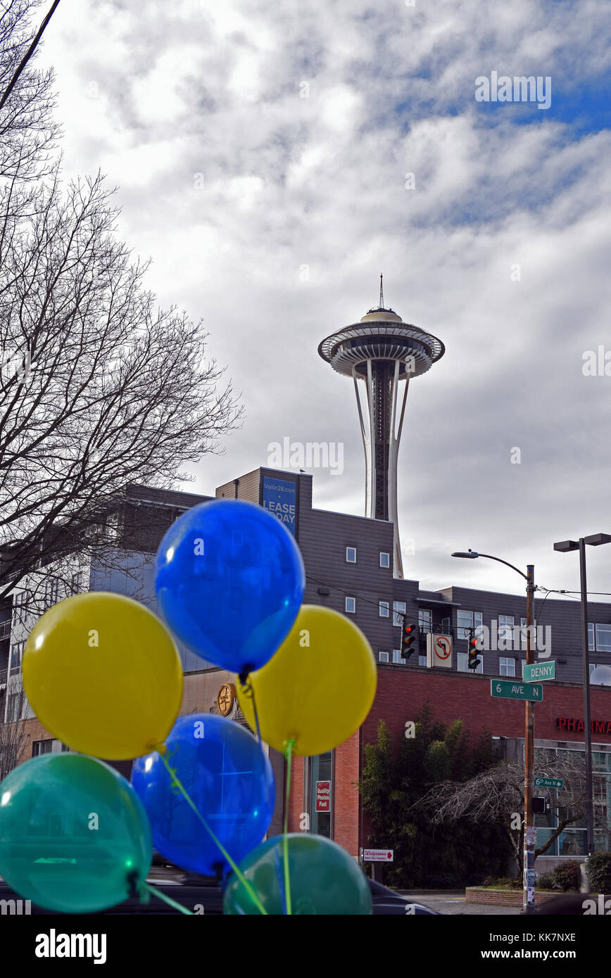 Ab Ende August 2016 bei Bertha unter First Avenue und Union Street, #BalloonsOverBertha ist ein weiterer Weg, Fortschritte bei der SR 99 Tunnel Projekt zu verfolgen. Wir haben dieses Bild im März 2017, als Bertha war unter der Sixth Avenue und Denny Way Kreuzung Stockfoto