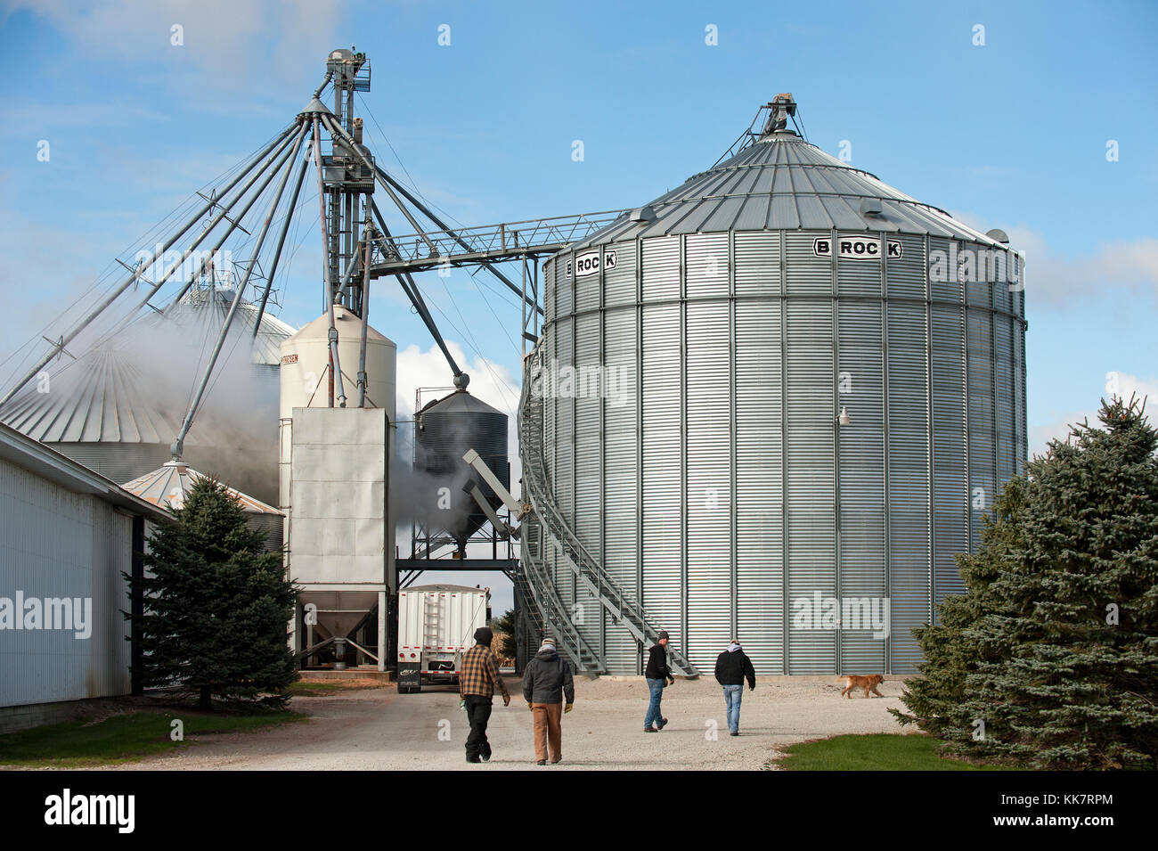 Drei Generationen von Bauern wandern Korn-lagerung-Fächer auf der Farm der Familie in Blooming Prairie zu Brock, Minnesota. Stockfoto