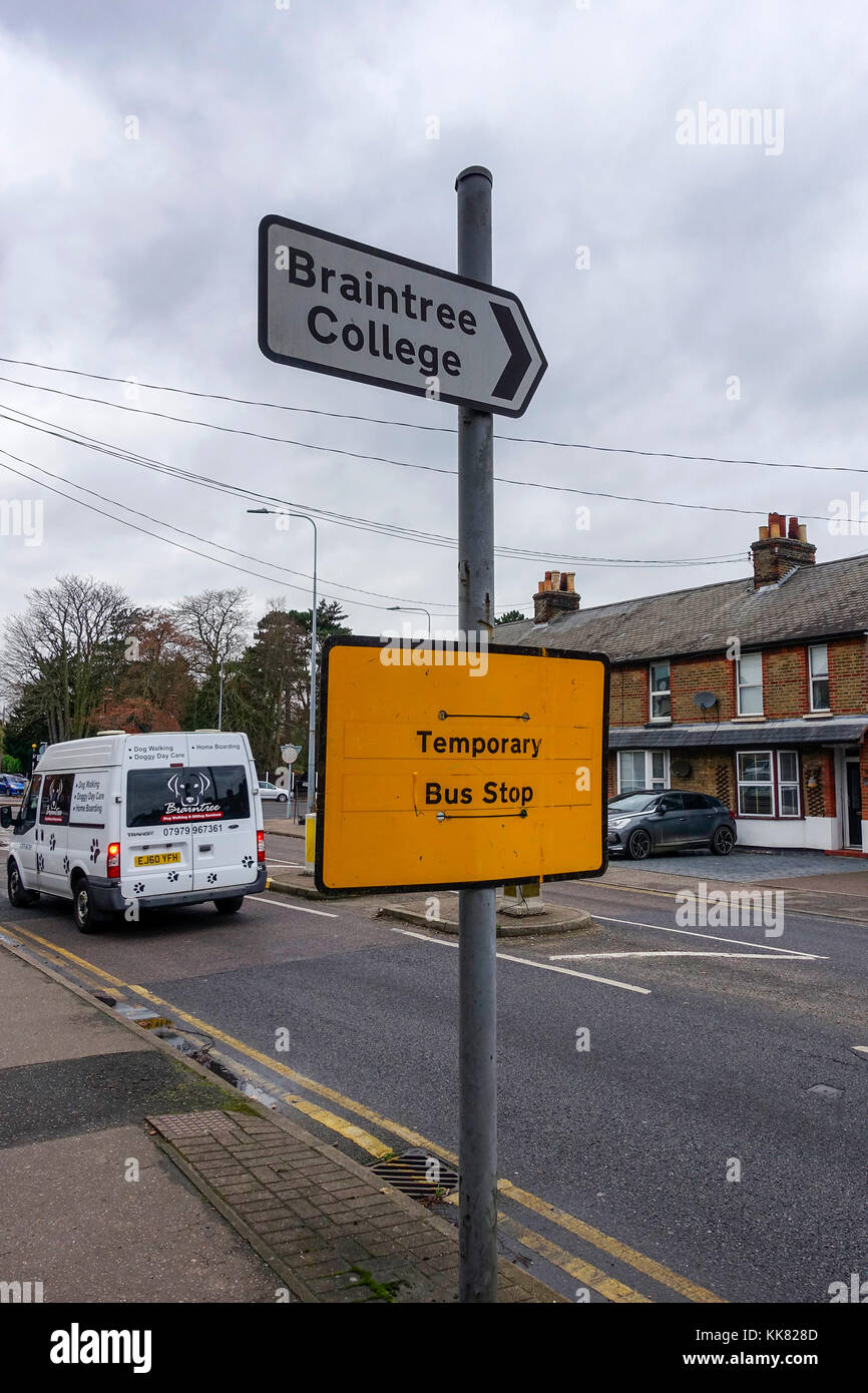 Temporäre Bushaltestelle, Coggeshall Road, Braintree, Essex, Großbritannien Stockfoto