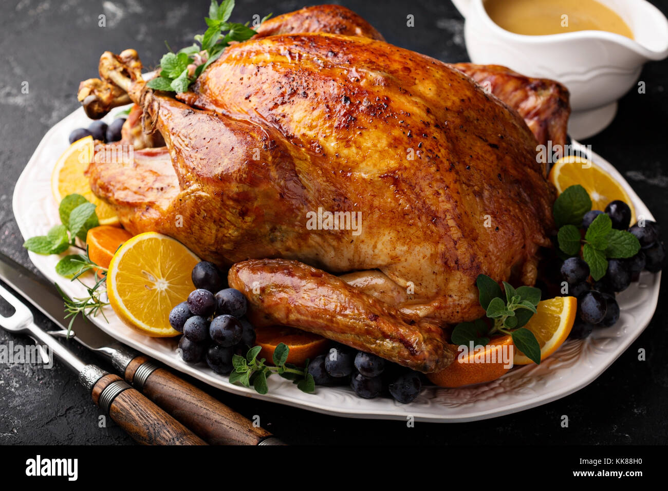 Festliche Feier gebratener Truthahn für Thanksgiving Stockfoto