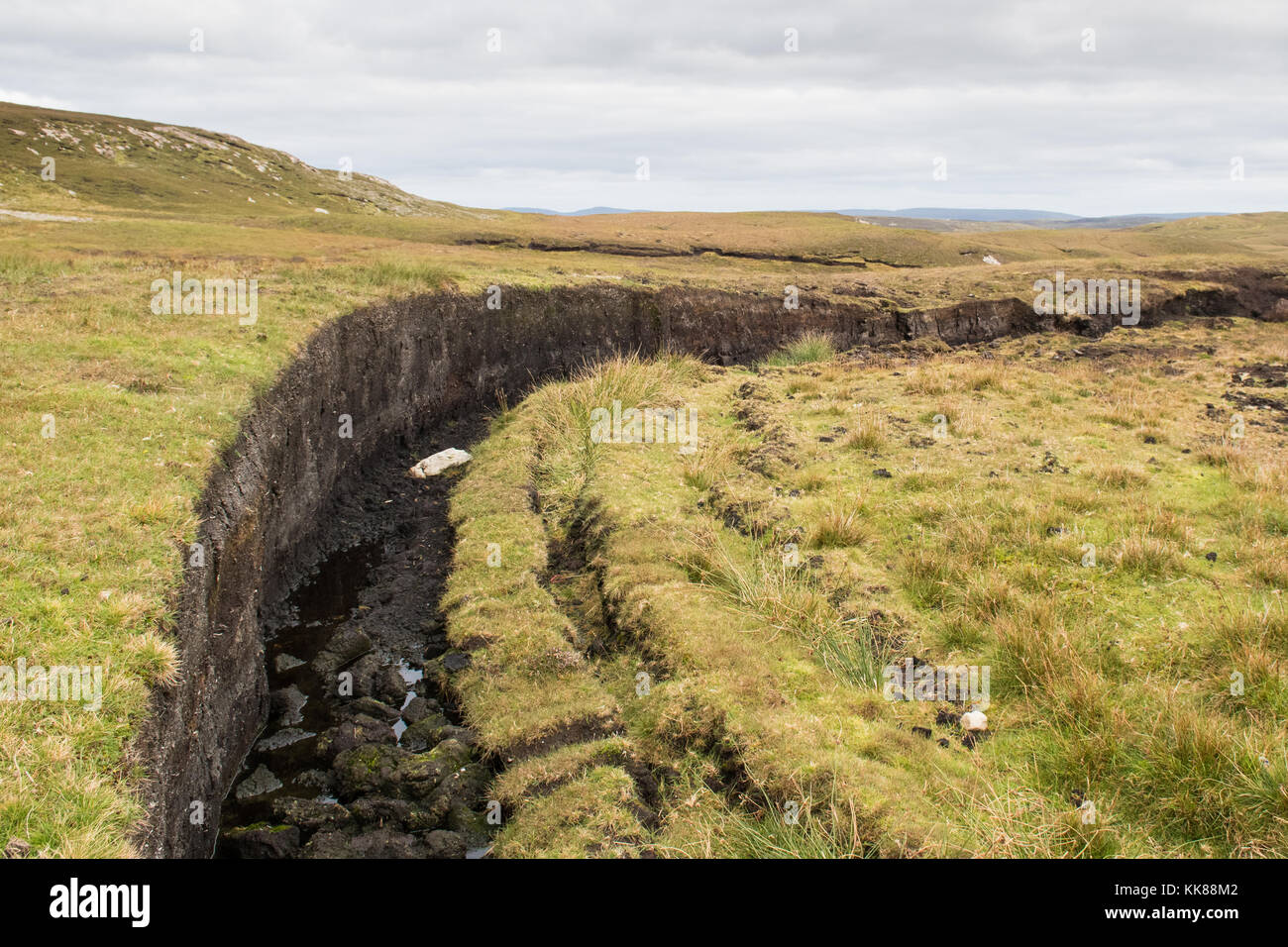 Torf, Schottland - arbeitete Bank von Torf als Brennstoff in der Shetlandinseln, Schottland, UK gegraben Stockfoto