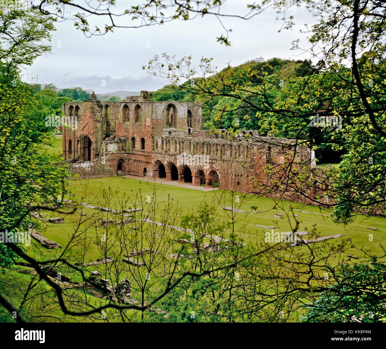 Furness Abbey in der Nähe von Furness, Cumbria, England. Mittelalterliche Zisterzienserkloster zerstörten roten Sandstein. Stockfoto