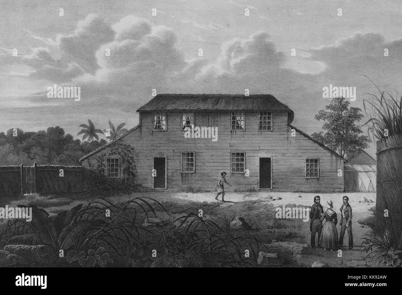 Eine radierung von einem Gemälde, das Äußere eines Hauses vom Englischen Missionare im Dorf Hihifo auf Niuatoputapu, können die Menschen auf dem Hof außerhalb der beiden Geschichte zu Hause, Tonga, 1832 gesehen werden. Von der New York Public Library. Stockfoto