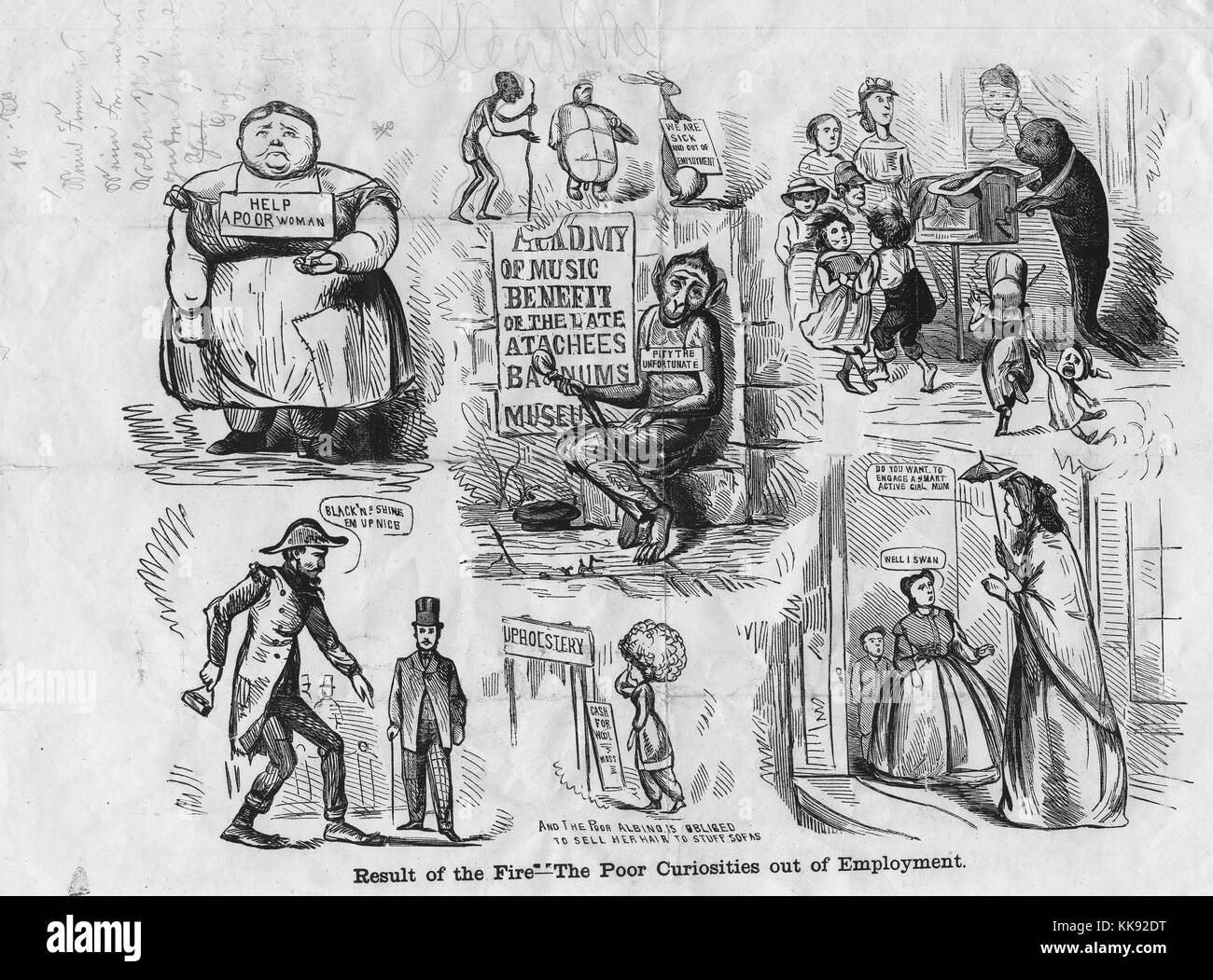 Komische Zeichnung, die Zeichen aus dem Barnum Museum Exponate mit Untertiteln "Ergebnis des Feuer - Die Armen Kuriositäten aus der Beschäftigung", verweisen auf ein Feuer, das das Museum im Juli 1865, 1865 zerstört. Von der New York Public Library. Stockfoto