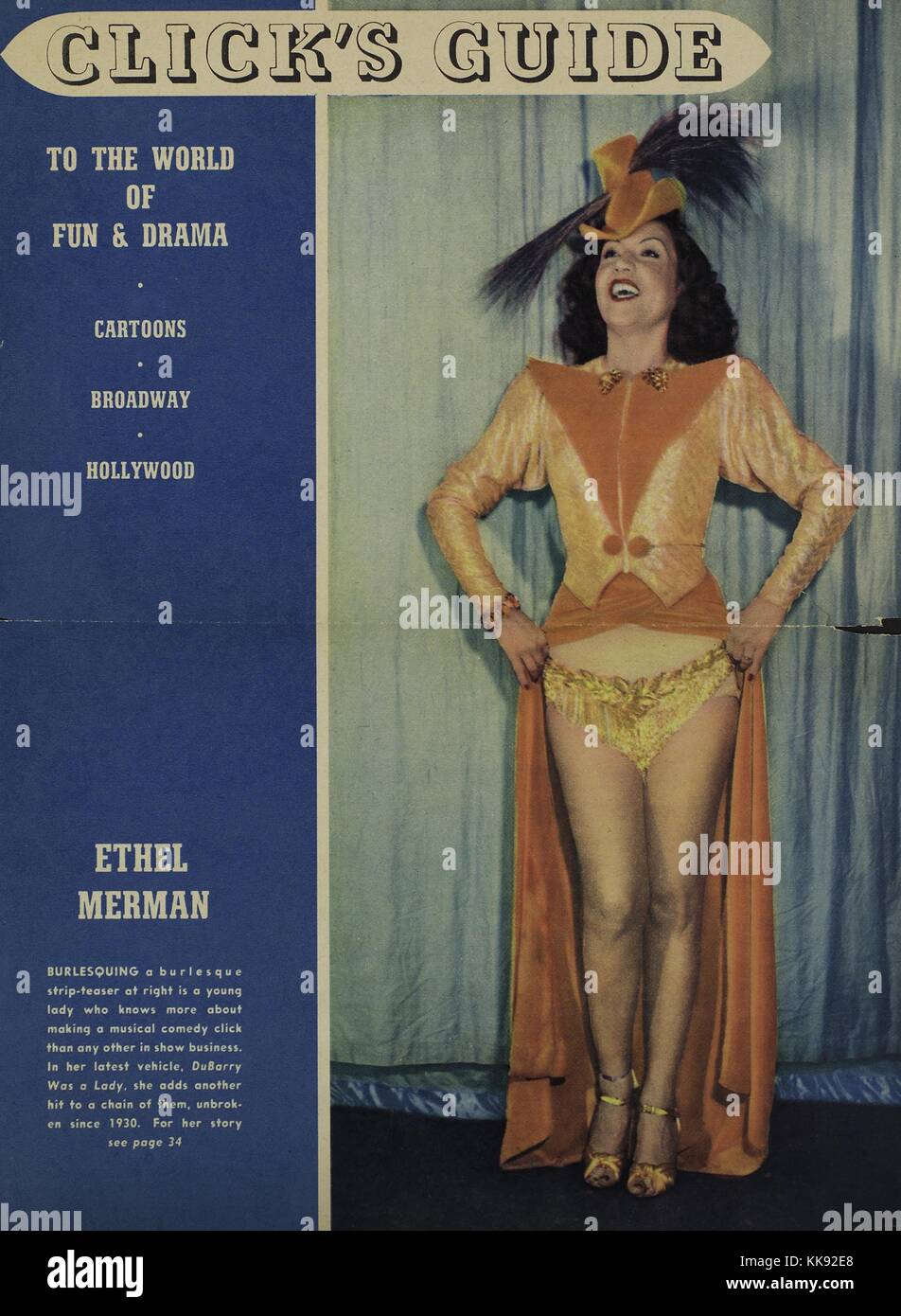 Ethel Merman, amerikanische Schauspielerin und Sängerin, die vor allem für ihre Stimme und Rollen im Musical Theater bekannt, in einem orange Burleske Kostüm, auf dem Cover klicken Sie auf Guide Magazin, 1935. Von der New York Public Library. Stockfoto
