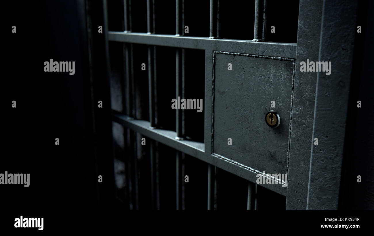 Eine Nahaufnahme des Verriegelungsmechanismus eines geschlossenen Gefängniszelle mit geschweissten Gittern auf einem schwach beleuchteten dunklen Hintergrund - 3D-Rendering Stockfoto