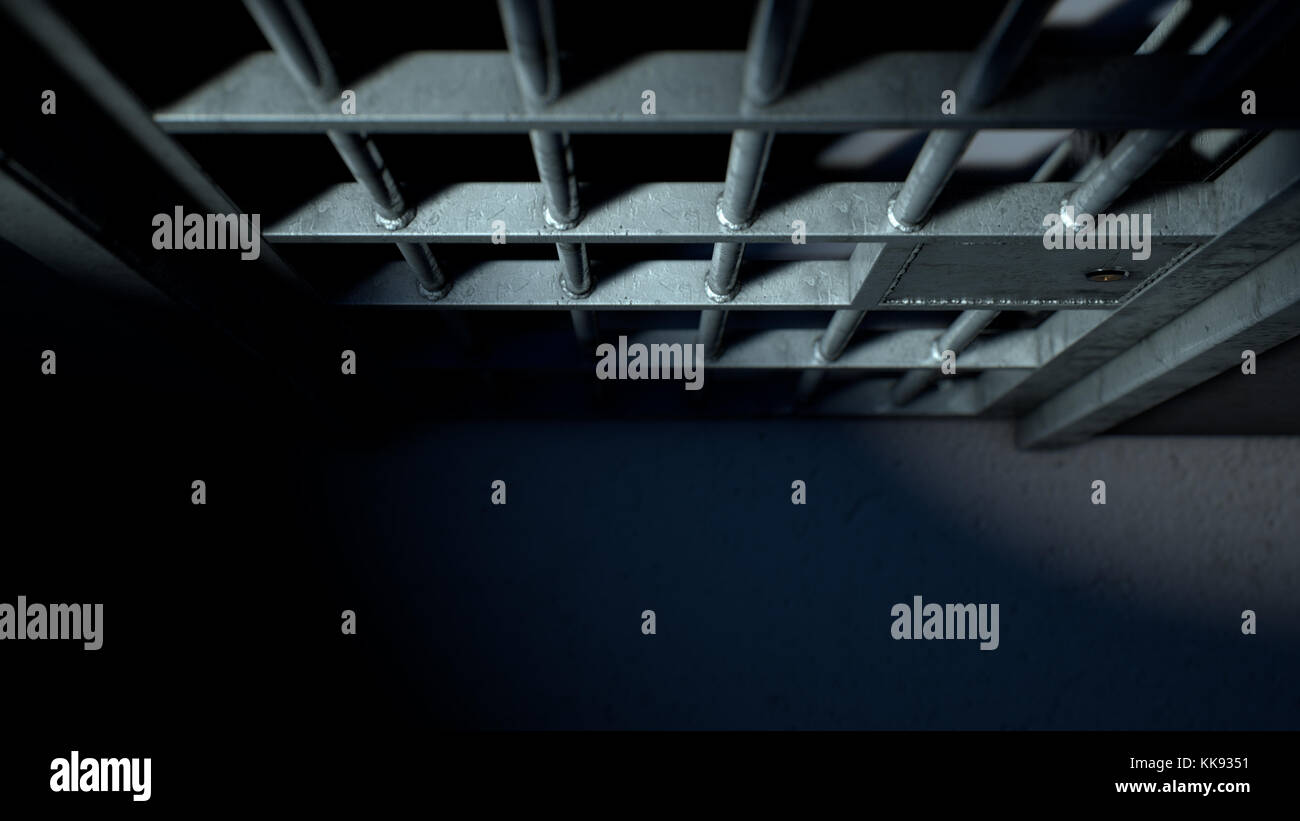 Eine Nahaufnahme des Verriegelungsmechanismus eines geschlossenen Gefängniszelle mit geschweissten Gittern auf einem schwach beleuchteten dunklen Hintergrund - 3D-Rendering Stockfoto