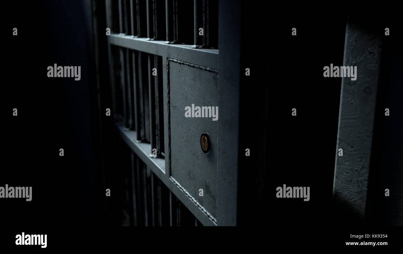 Eine Nahaufnahme des Verriegelungsmechanismus der offenen Gefängniszelle mit geschweissten Gittern auf einem schwach beleuchteten dunklen Hintergrund - 3D-Rendering Stockfoto