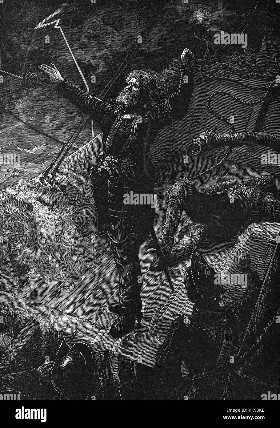 Graviert Abbildung aus dem Roman Westward Ho!, von Charles Kingsley, der Darstellung seiner Hauptfigur, Amyas Leigh auf einem Schiff stehend, die Arme zum Himmel, Wasser überholen das Deck, 1892. Von der New York Public Library. Stockfoto
