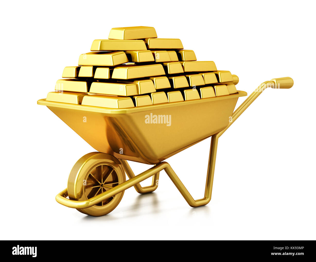 Schubkarre voller Gold auf weißem Hintergrund. 3D-Darstellung. Stockfoto