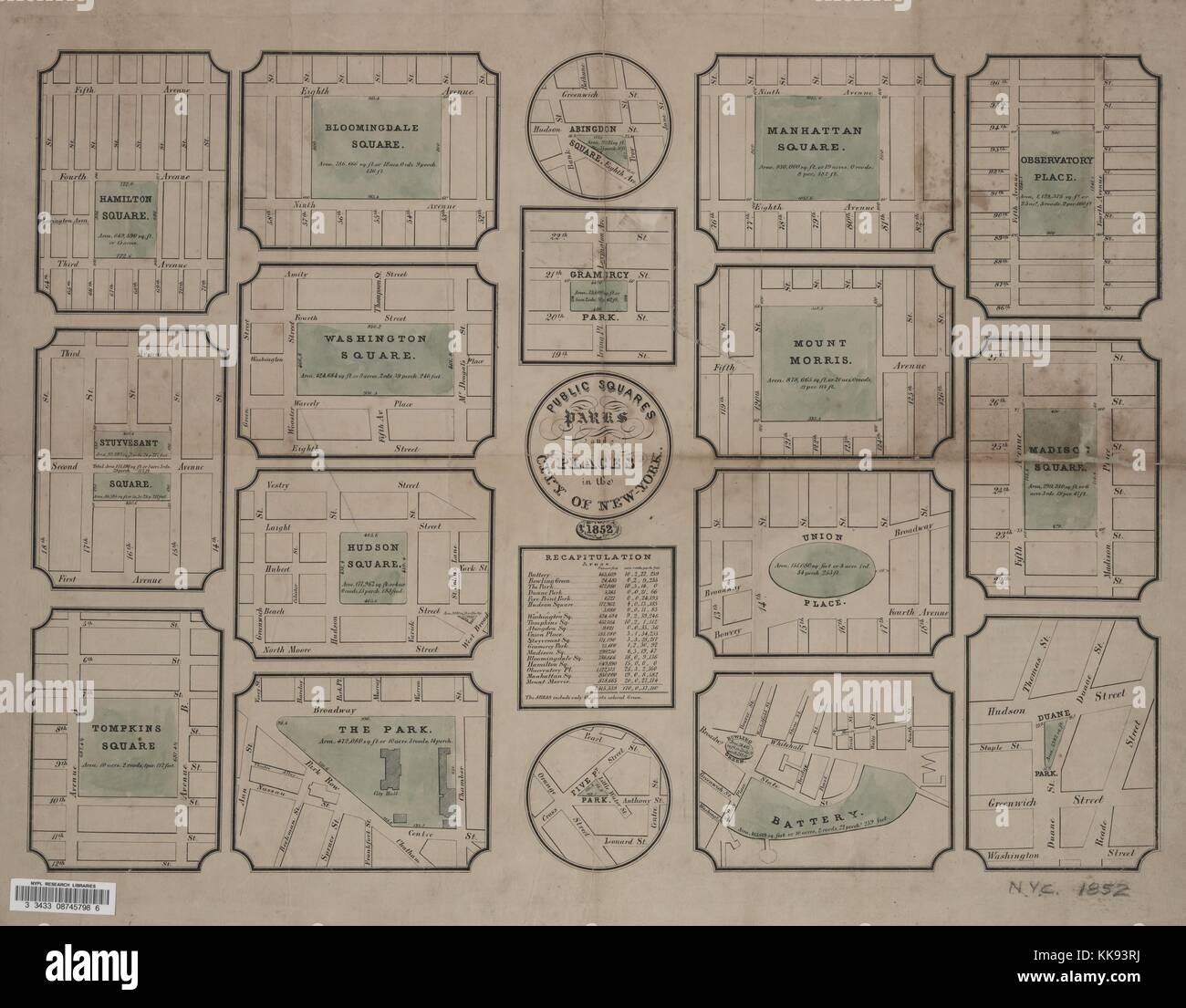 Gravur Kartenbild aus einem Atlas, mit öffentlichen Plätzen Ursprüngliche Bildunterschrift lesen', Parks und Plätzen in der Stadt New York, New York City, New York, 1852. Von der New York Public Library. Stockfoto