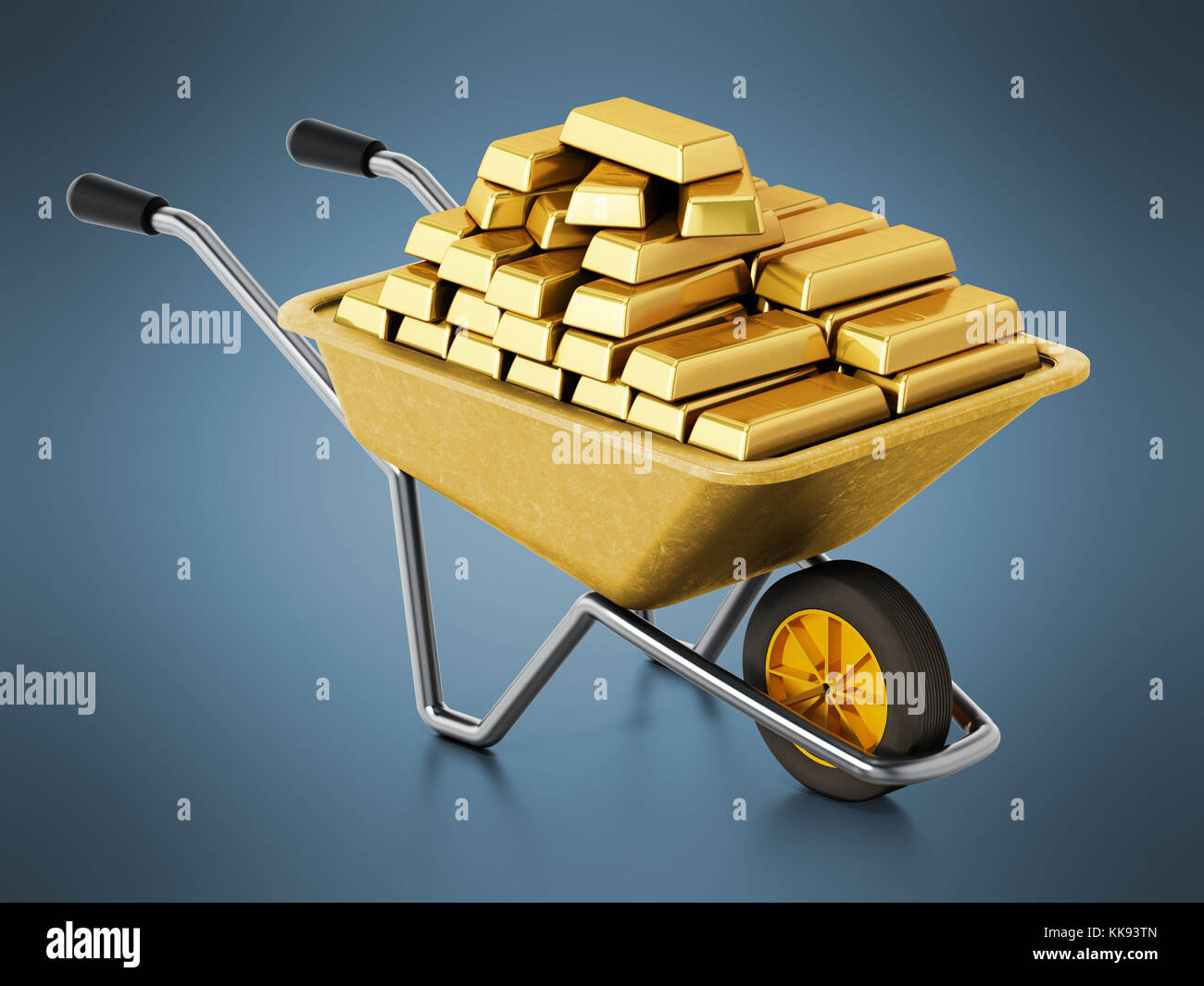 Schubkarre voller Gold auf blauem Hintergrund. 3D-Darstellung. Stockfoto