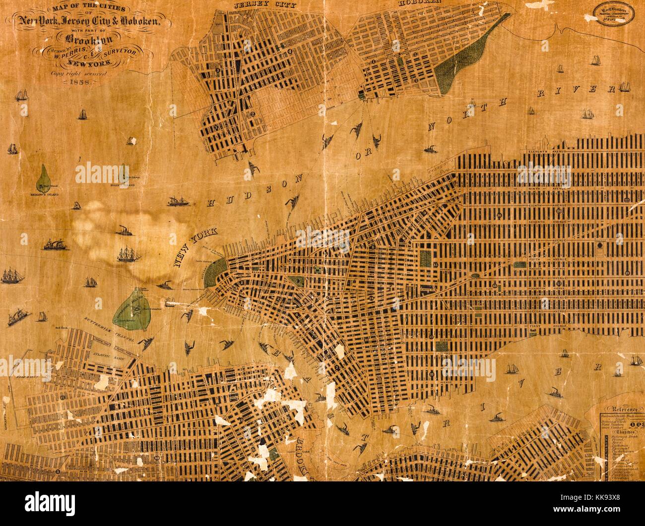 Gravur Kartenbild aus einem Atlas, mit original Bildunterschrift lesen 'Map der Städte New York, Jersey City und Hoboken: Mit Teil von Brooklyn/Gezeichnet von W Perris, C E und Landvermesser', New York City, New York, 1858. Von der New York Public Library. Stockfoto