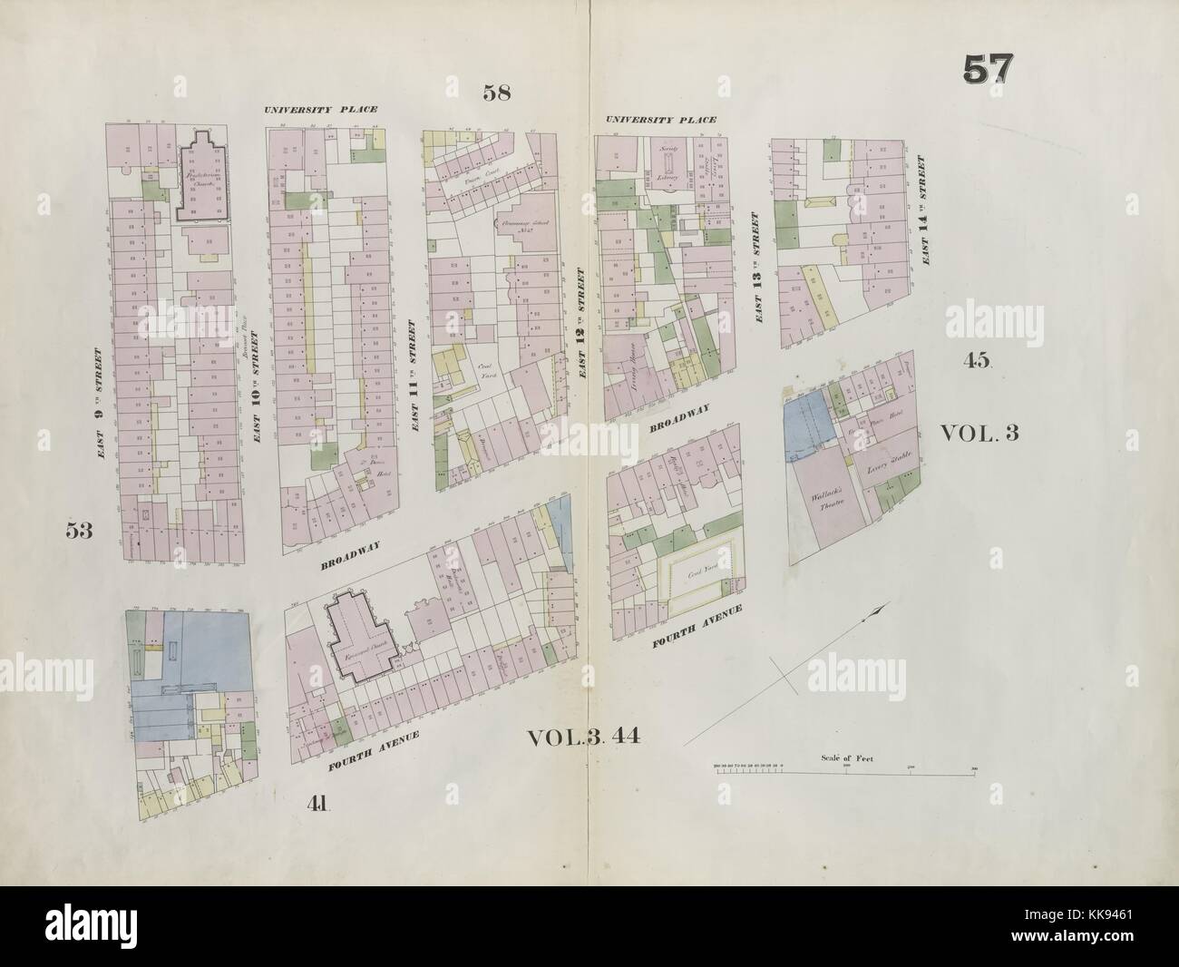 Gravur Kartenbild aus einem Atlas, mit original Bildunterschrift lesen' Platte 57: Karte von der 14. Straße begrenzt, Fourth Avenue, 9th Street, Universität, New York City, New York, 1859. Von der New York Public Library. Stockfoto