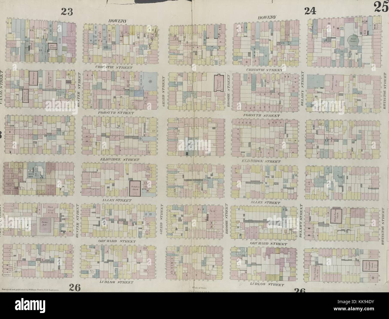 Gravur Kartenbild aus einem Atlas, mit original Bildunterschrift lesen' Platte 25: Karte von Rivington Street, Ludlow Street, Canal Street, Bowery', New York City, New York, 1859 begrenzt. Von der New York Public Library. Stockfoto