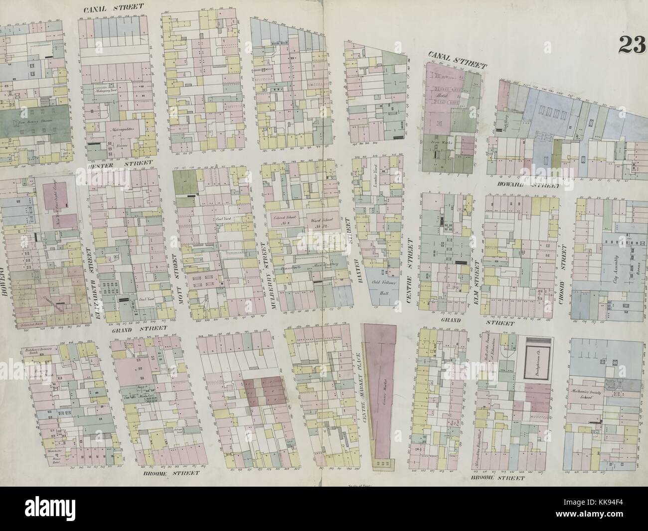 Gravur Kartenbild aus einem Atlas, mit original Bildunterschrift lesen' Platte 23: Karte von Broome Street, Bowery, Canal Street, Broadway, New York City, New York, 1859 begrenzt. Von der New York Public Library. Stockfoto