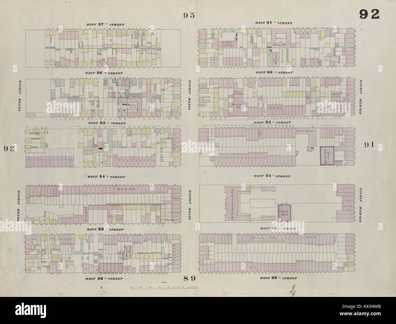 Gravur Kartenbild aus einem Atlas, mit original Bildunterschrift lesen' Platte 92: Karte von West 37th Street, Eighth Avenue, West 32nd Street, 10 Avenue', New York City, New York, 1859 begrenzt. Von der New York Public Library. Stockfoto