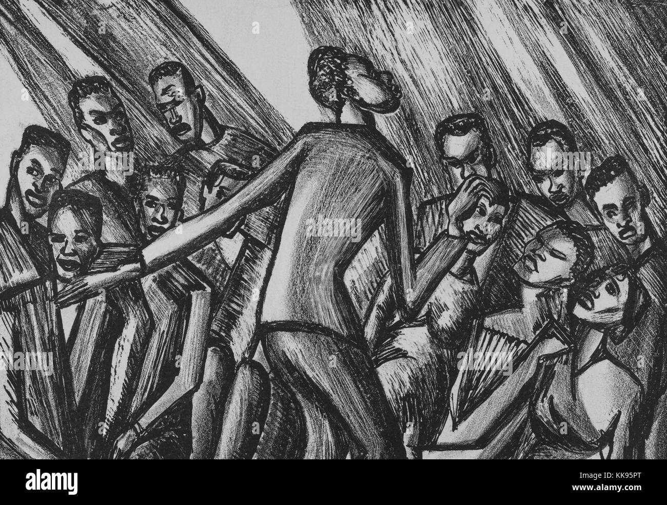 Die Lithographie zeigt eine stehende Mann führt eine Gruppe von sitzen Leute, die sich für Song, "pirituals", die von Lillian Richter, 1939. Von der New York Public Library. Stockfoto