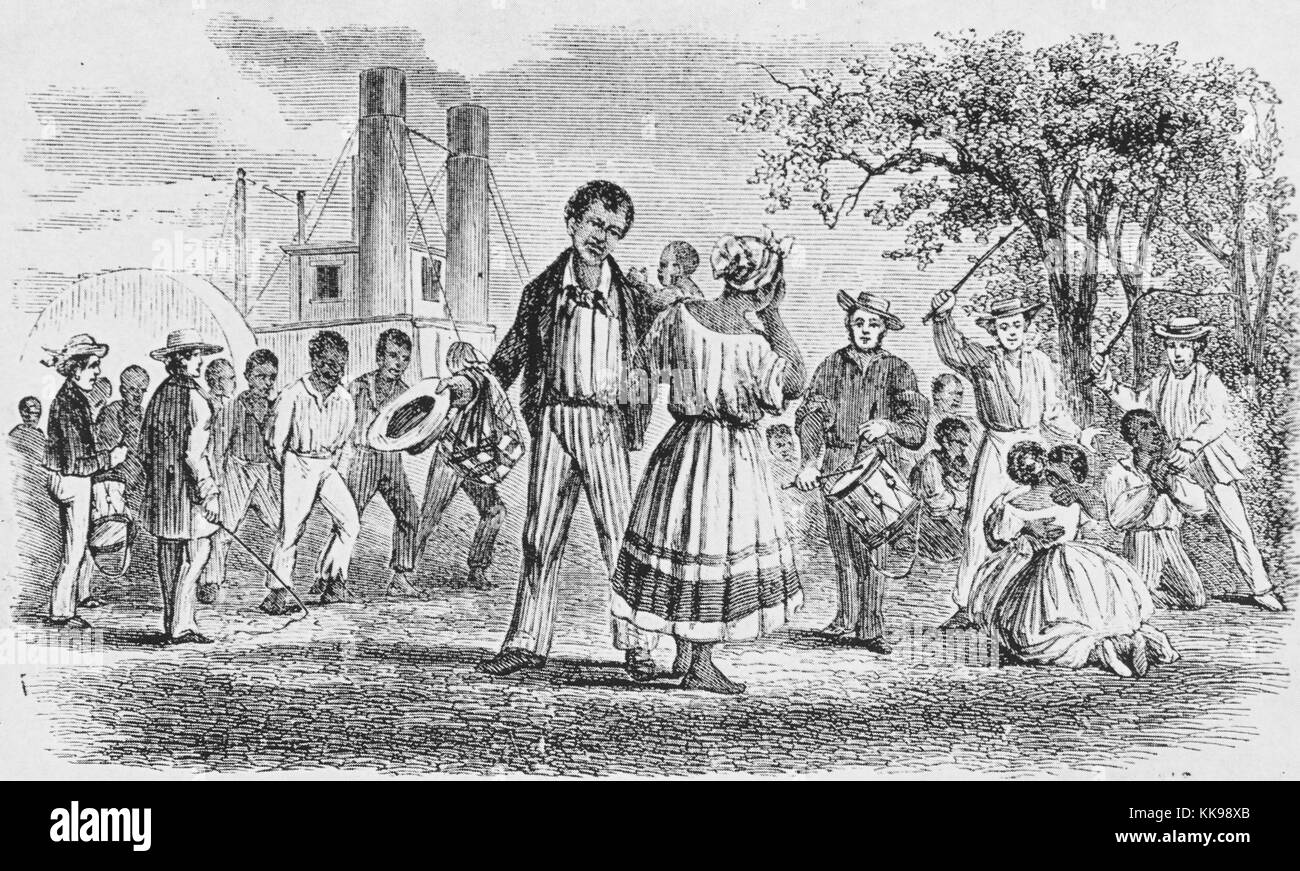 Eine Radierung, zeigt eine Magd in Seenot, nachdem sie zu einem Slave owner weiter südlich verkauft wurde, ein Mann spielt eine Trommel während zwei andere weiße Männer festzunehmen und Hit-Slaves mit Peitschen, anderen Sklaven in Ketten und Sklavenhändler sind auch vorhanden, ein Raddampfer im Hintergrund, 1940 gesehen werden kann. Von der New York Public Library. Stockfoto