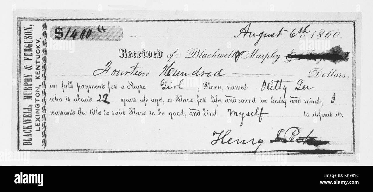 Ein Kaufvertrag für einen Slave Frau namens Kitty Lee, sie ist 22 Jahre alt und zertifiziert, um 'Sound in Körper und Geist', der Preis für den Verkauf war $ 1400 aufgeführt und wurde der Sklavenhandel Firma namens Blackwell, Murphy, und Ferguson, Lexington, Kentucky, 1940 bezahlt. Von der New York Public Library. Stockfoto