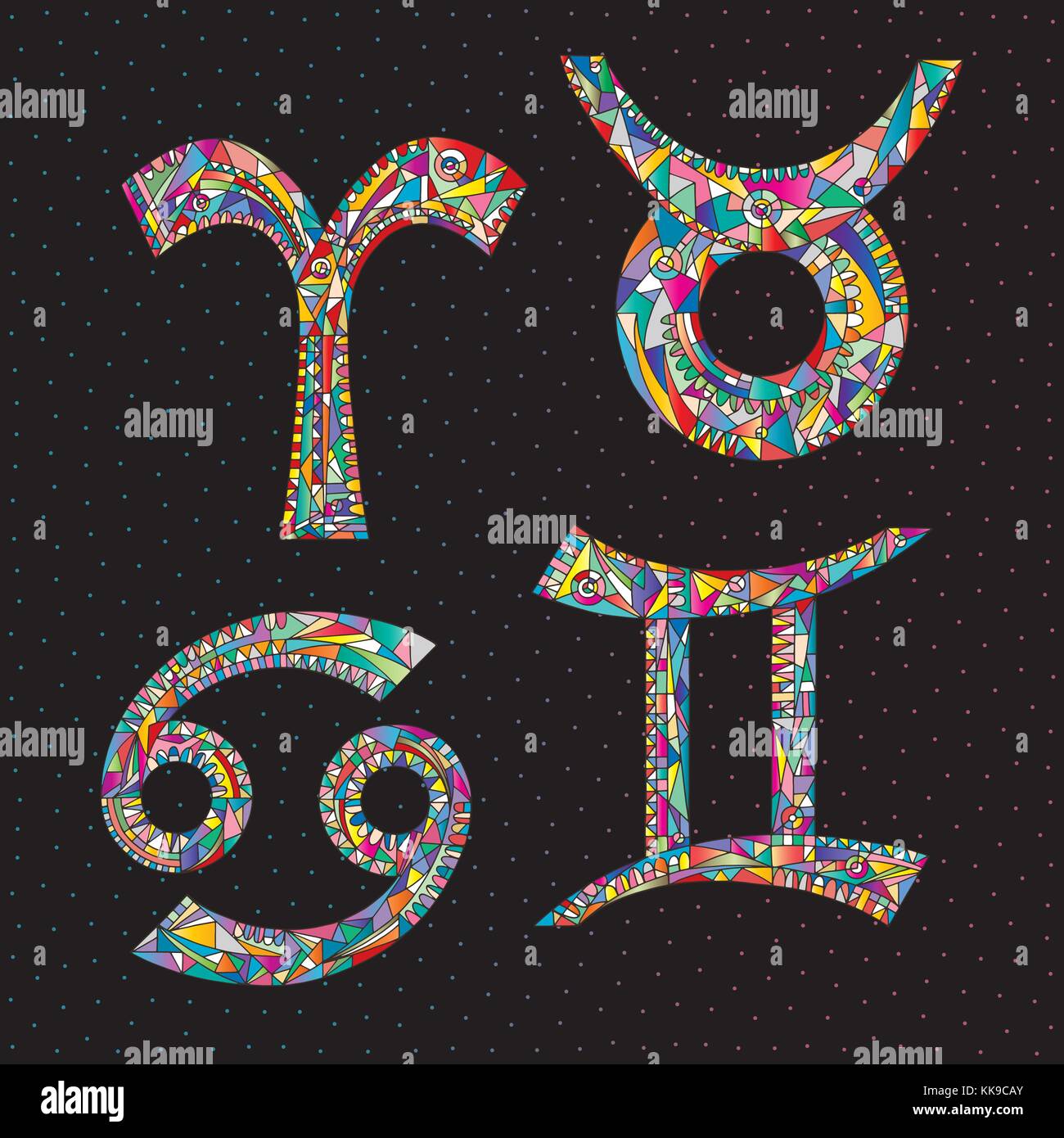 Tierkreiszeichen Widder, Stier, Zwillinge, Krebs. Hand gezeichnet Horoskop astrologische Symbole Raumzeiger Abbildung Stock Vektor