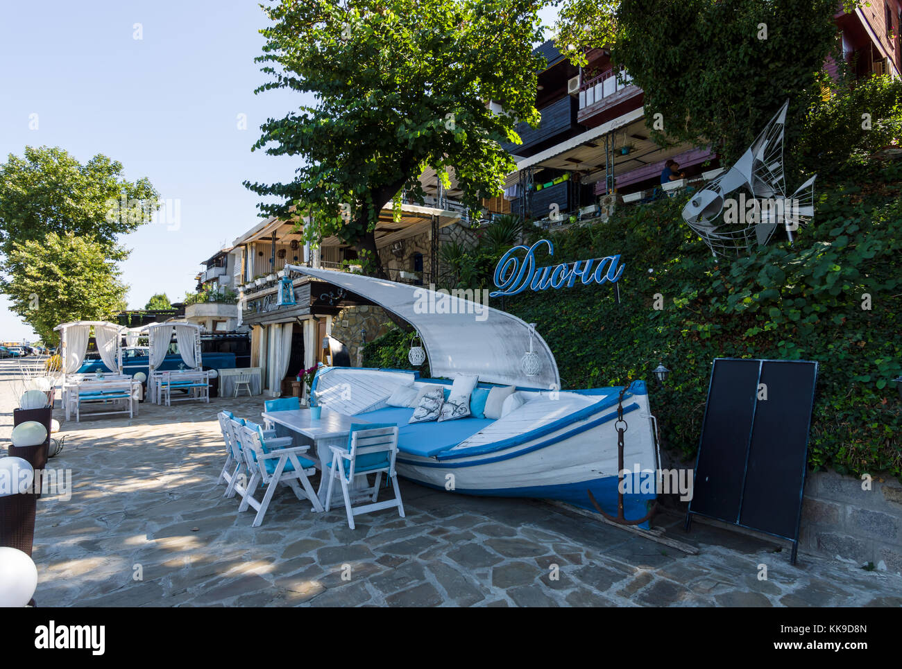 Sozopol, Bulgarien - 24, 2017 August: ungewöhnliche Restaurant an der Küste des antiken Küstenstadt am Schwarzen Meer die bulgarische Schwarzmeerküste. Stockfoto