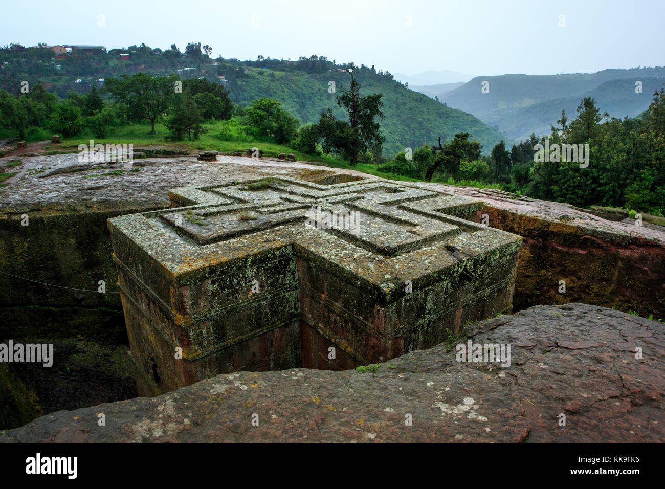 Die einzigartigen monolithischen Felsen gehauene Kirche des Hl. Georg, Lalibela, Äthiopien. Stockfoto