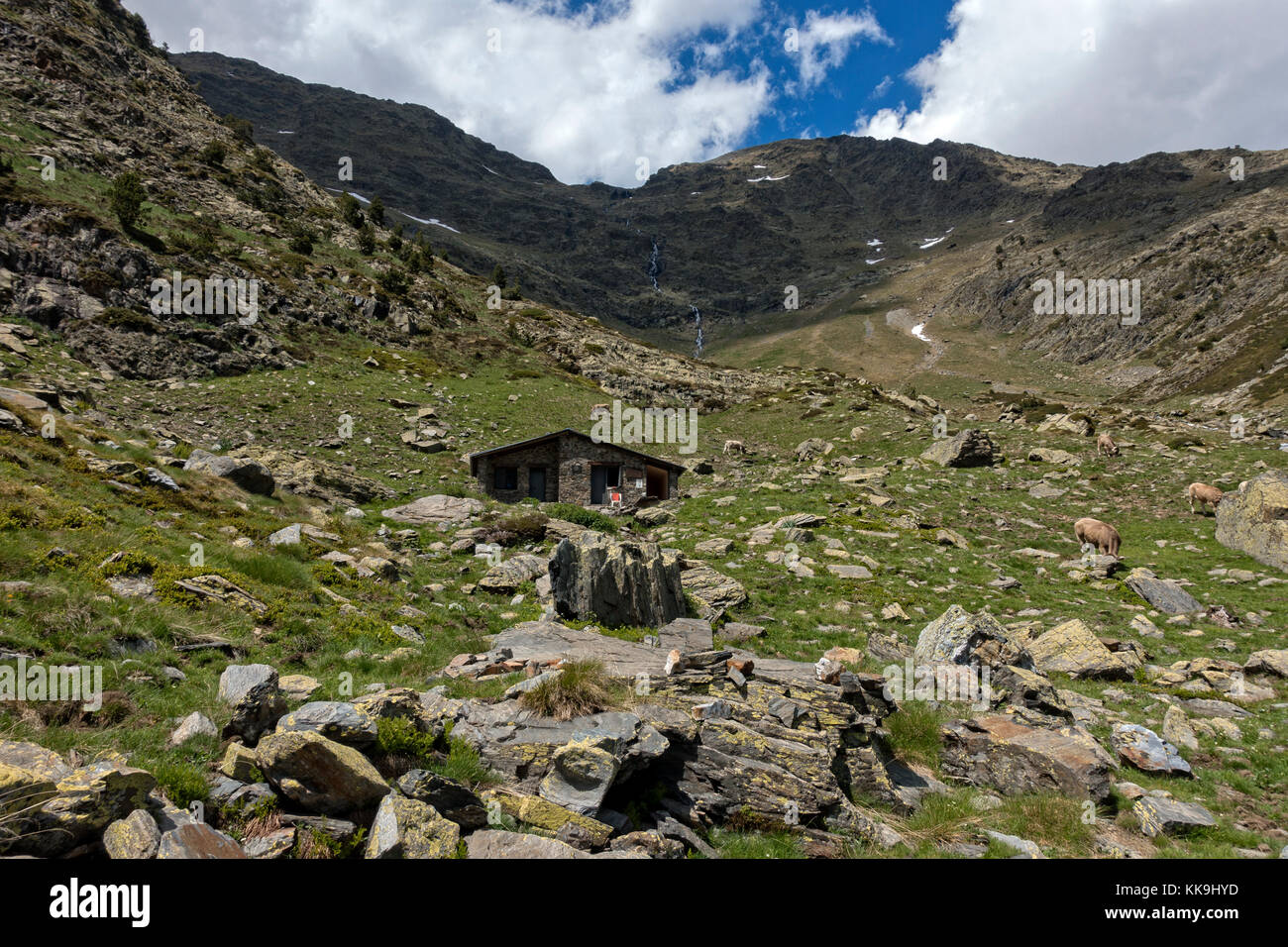 Berghütte Pla de l'Estany. Pyrenäen Andorra Stockfoto