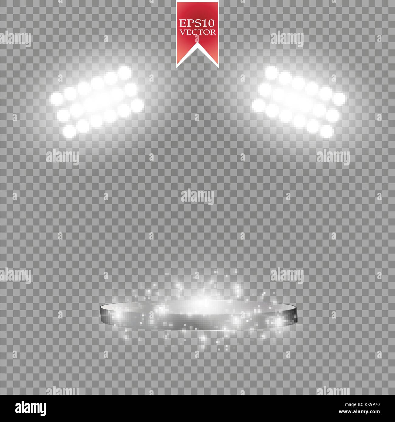 Weiß Vektor spotlight Lichteffekt auf transparenten Hintergrund. Konzert Szene mit Funken von Glow ray beleuchtet. Stadion Projektor. Show room Stock Vektor