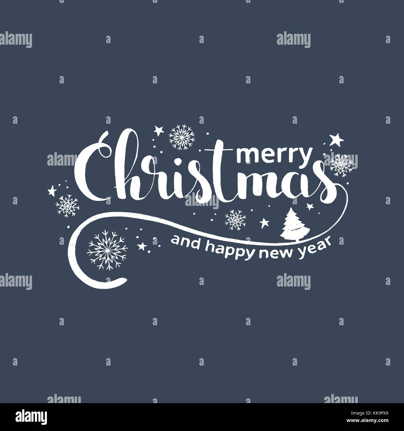 Frohe Weihnachten handgeschriebene Schrift. Moderne vektor Hand gezeichnet Kalligraphie mit Weihnachtsbaum, Sternen und Schneeflocken über grauer Hintergrund Stock Vektor