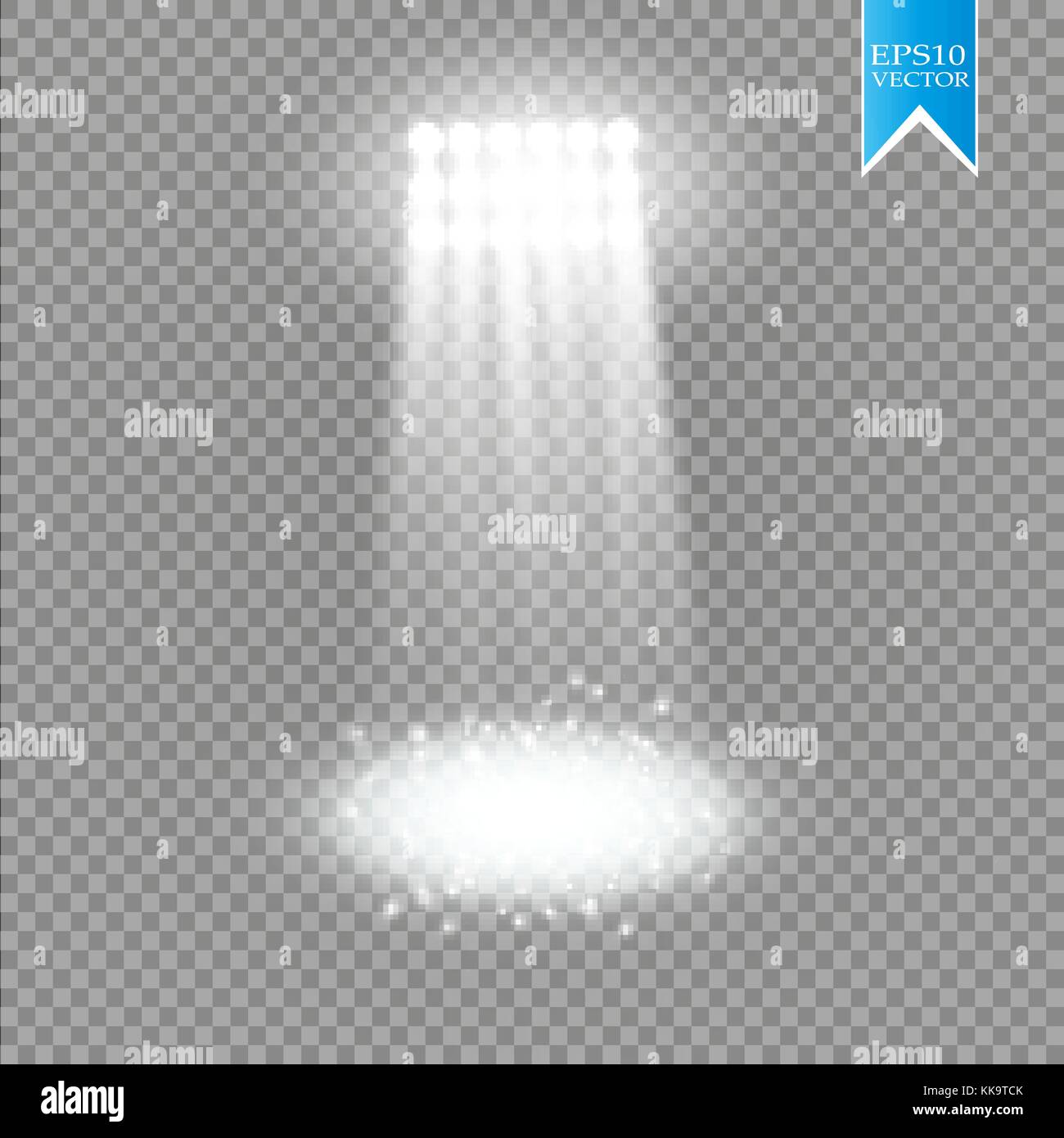 Weiß Vektor spotlight Lichteffekt auf transparenten Hintergrund. Konzert Szene mit Funken von Glow ray beleuchtet. Stadion Projektor. Show room Stock Vektor