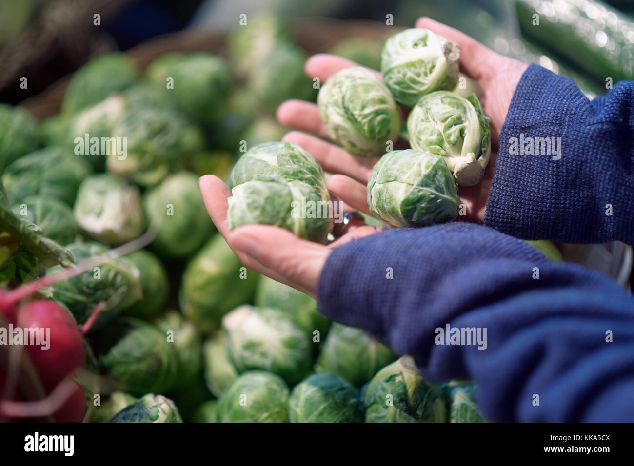 Frau mit lokal angebauten biologischen rosenkohl an einem Gemüsestand eines Bauernmarktkiosks in BC, Kanada. Stockfoto