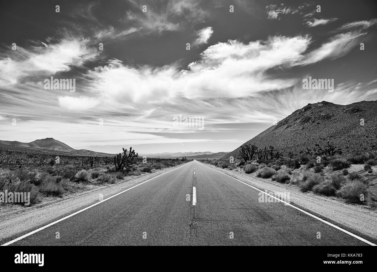 Schwarz-weiss Bild des Death Valley Desert Road, Travel Concept, USA. Stockfoto
