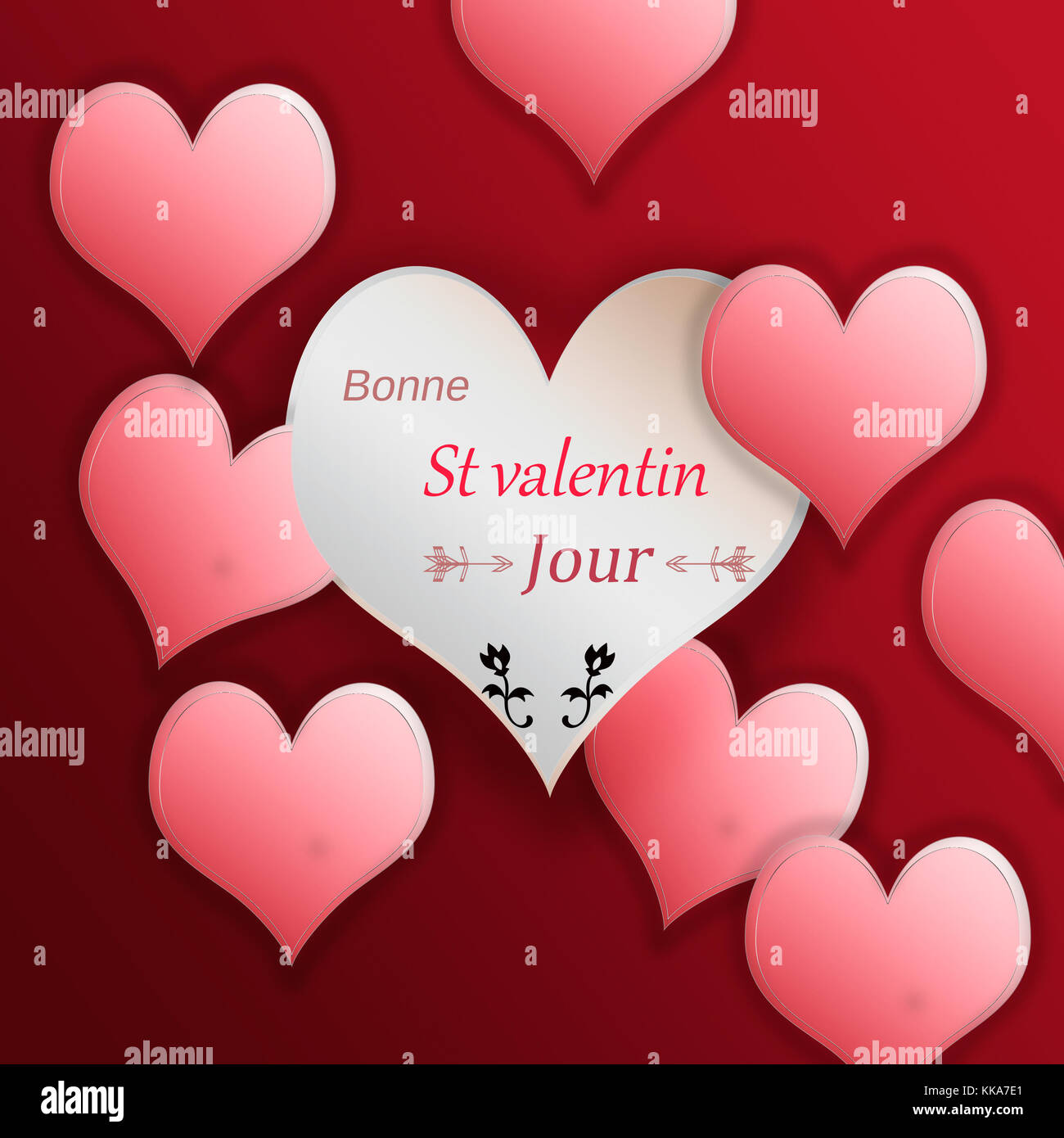Abbildung der Herzen auf rotem Hintergrund zum Valentinstag, text Bonne