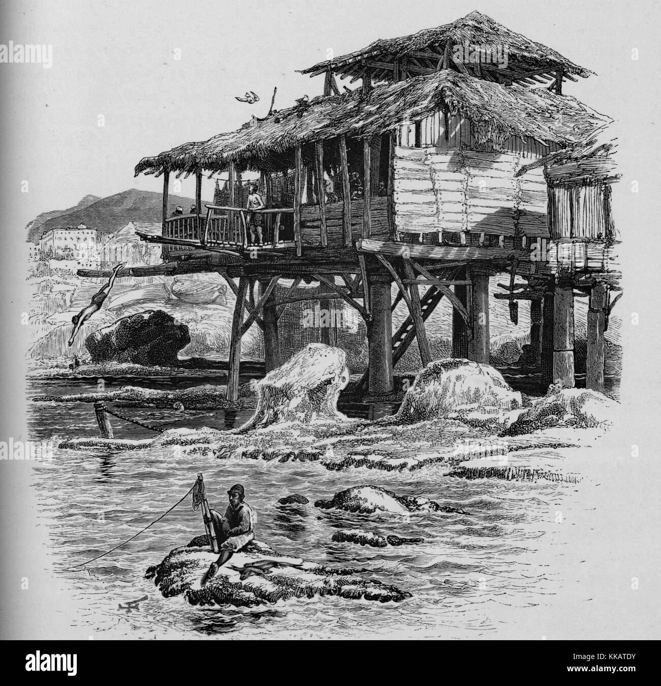 Eine Radierung das Leben in Beirut, ein Mann kann Tauchen vom Holz und Stroh Struktur gesehen werden, die auf Stelzen über dem Wasser gebaut worden, ein anderer Mann ist das Angeln von einem Felsen im Wasser, Libanon, 1882. Von der New York Public Library. Stockfoto