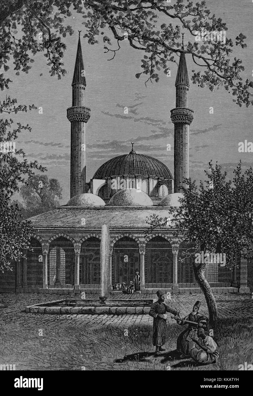 Ein kupferstich mit der Darstellung der Moschee der Tekiyeh, ein Hospiz errichten die Armen zusammen mit Reisende von und nach Mekka, Damaskus, 1882 zu dienen. Von der New York Public Library. Stockfoto