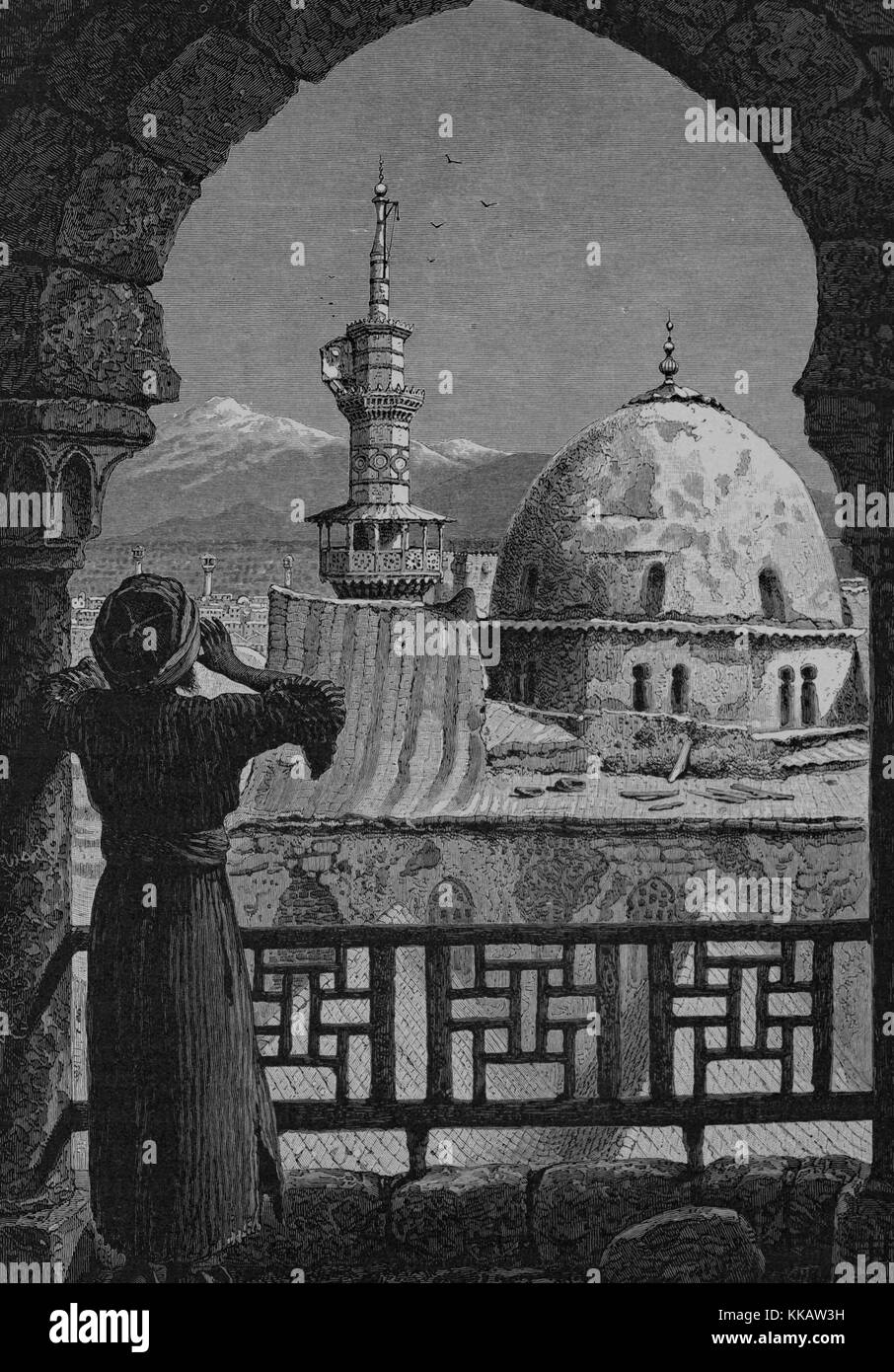 Ein kupferstich mit der Darstellung eines Mueddin der Gebetsruf vom Minarett der 'Isa, das ist ein Teil der Großen Moschee, wo muslimische Tradition glaubt, dass Jesus am Tag des Gerichts, Damaskus, Syrien, 1882 erscheinen wird. Von der New York Public Library. Stockfoto