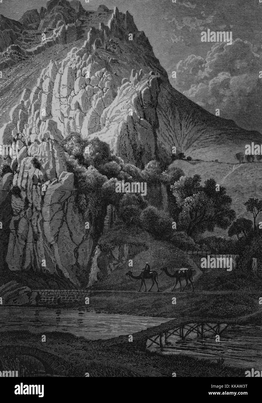 Eine Radierung mit der Darstellung eines Menschen führen Kamele durch die Schlucht der Barada, der ist der wichtigste Fluss von Damaskus, Syrien, 1882. Von der New York Public Library. Stockfoto