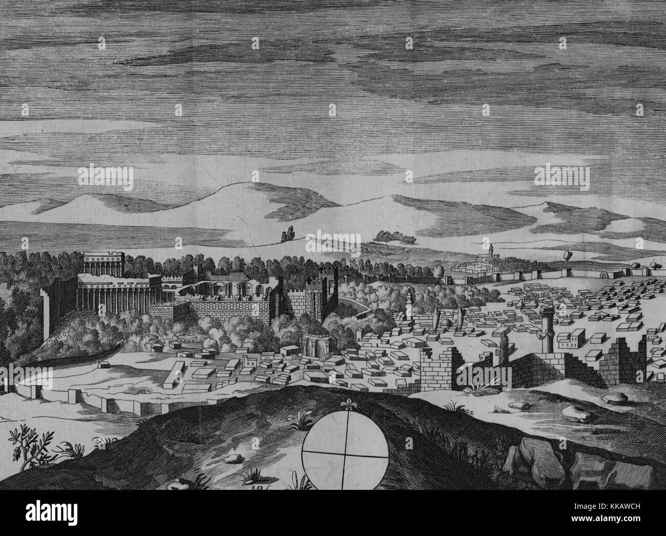 Eine Gravur Darstellung einer Landschaft Blick auf die Stadt Baalbek und der umliegenden Landschaft, die römischen Ruinen sind einige der besten - im Libanon, 1707 erhalten. Von der New York Public Library. Stockfoto