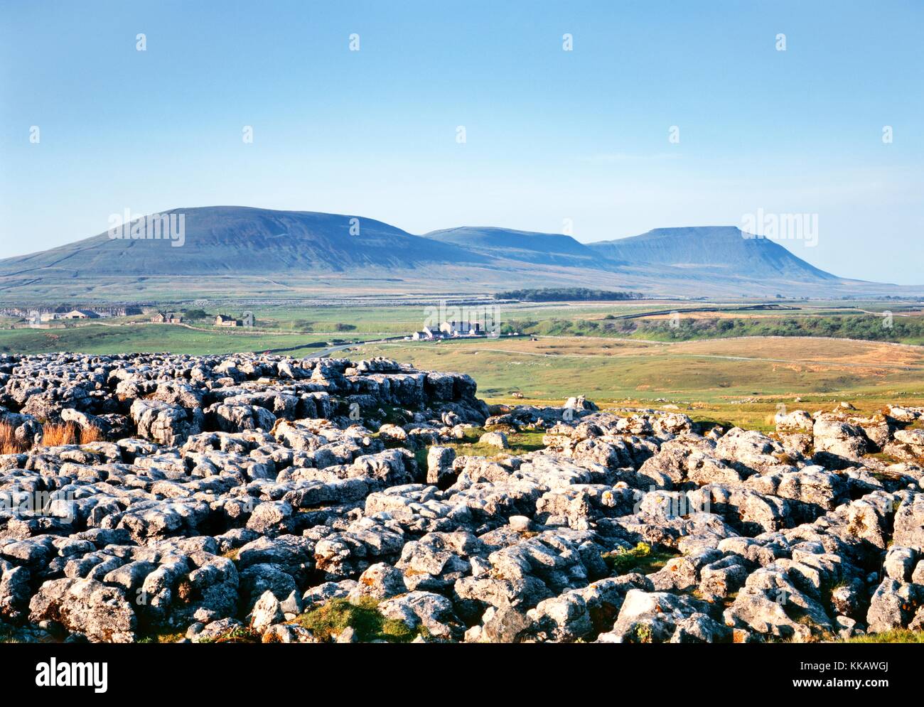 Yorkshire Dales National Park, England. Über Karstkalkpflaster bei Ribblehead in Richtung Kalksteinmassiv von Ingleborough Stockfoto