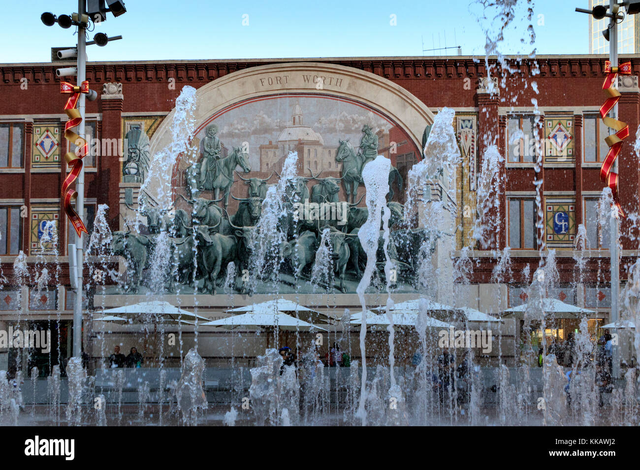 Chisholm Trail Wandbild, Fort Worth, Sundance Square, Texas, Brunnen Stockfoto