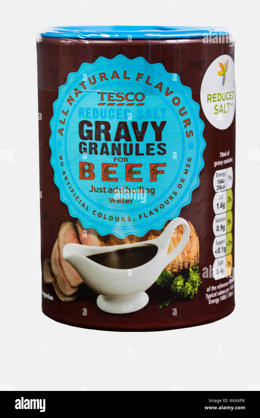 Tesco Rindfleisch gravy Granules, Lebensmittelverpackungen. Stockfoto